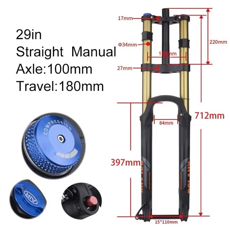 Mountain Bike Front Fork Dual Shoulder Thru-Axle Air Fork 180mm Travel