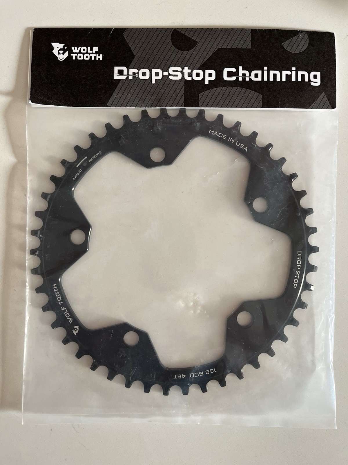 Wolf Tooth 46T Drop-Stop Chainring 130 BCD 7075-T651 Aluminum Black NEW