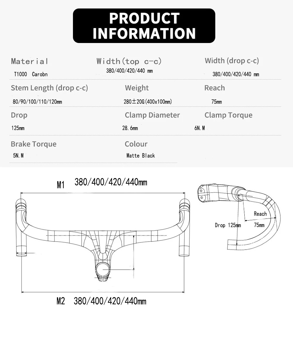 Road Bike Carbon Integrated Drop Bar with Stem Mount 28.6mm 380/400/420/440mm