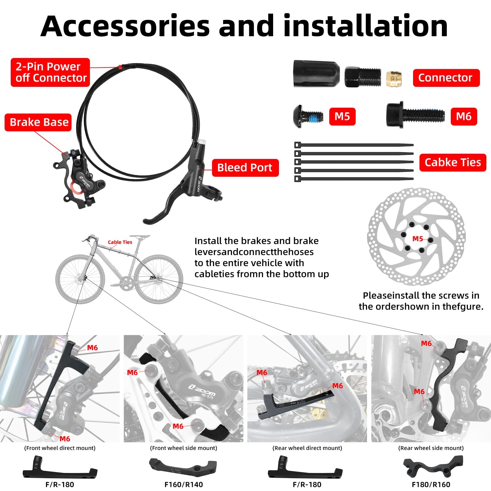 Z00M HB876E 2-PIN 4-Pistons E-Bike Power-Off Hydraulic Brake Set, Pre-Bled wi…