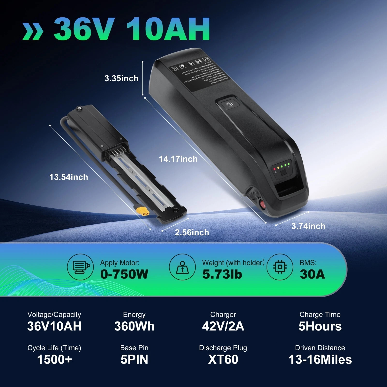 5pin 36V/48V/52V 10AH/15AH/20AH Ebike Battery For 0-2000W Electric Bike Motors