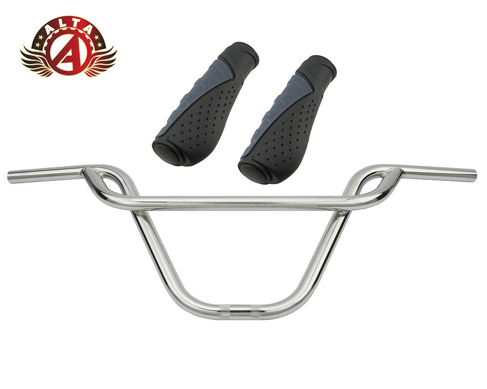 ALTA BMX Old School PRETZEL Chrome Handlebar W/ 135mm SPORTY ERGONOMIC GRIPS.