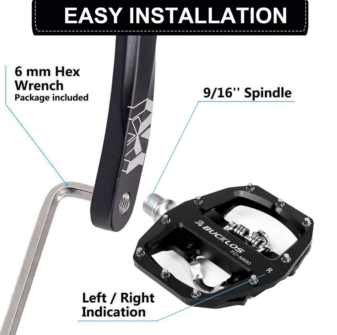 BUCKLOS Dual Function Bike Pedals SPD Clipless Flat Platform Black Aluminum M680