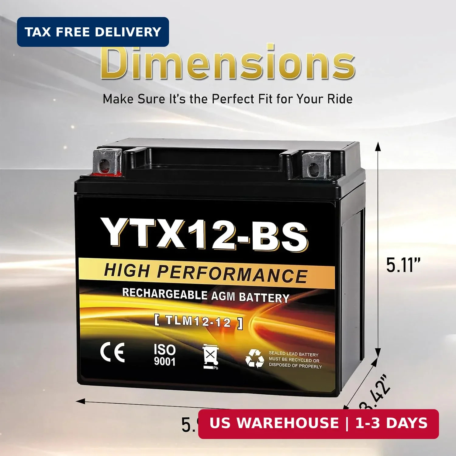 YTX12-BS 12V 10Ah AGM Sealed Motorcycle Battery, Maintenance-Free, Compatible wi