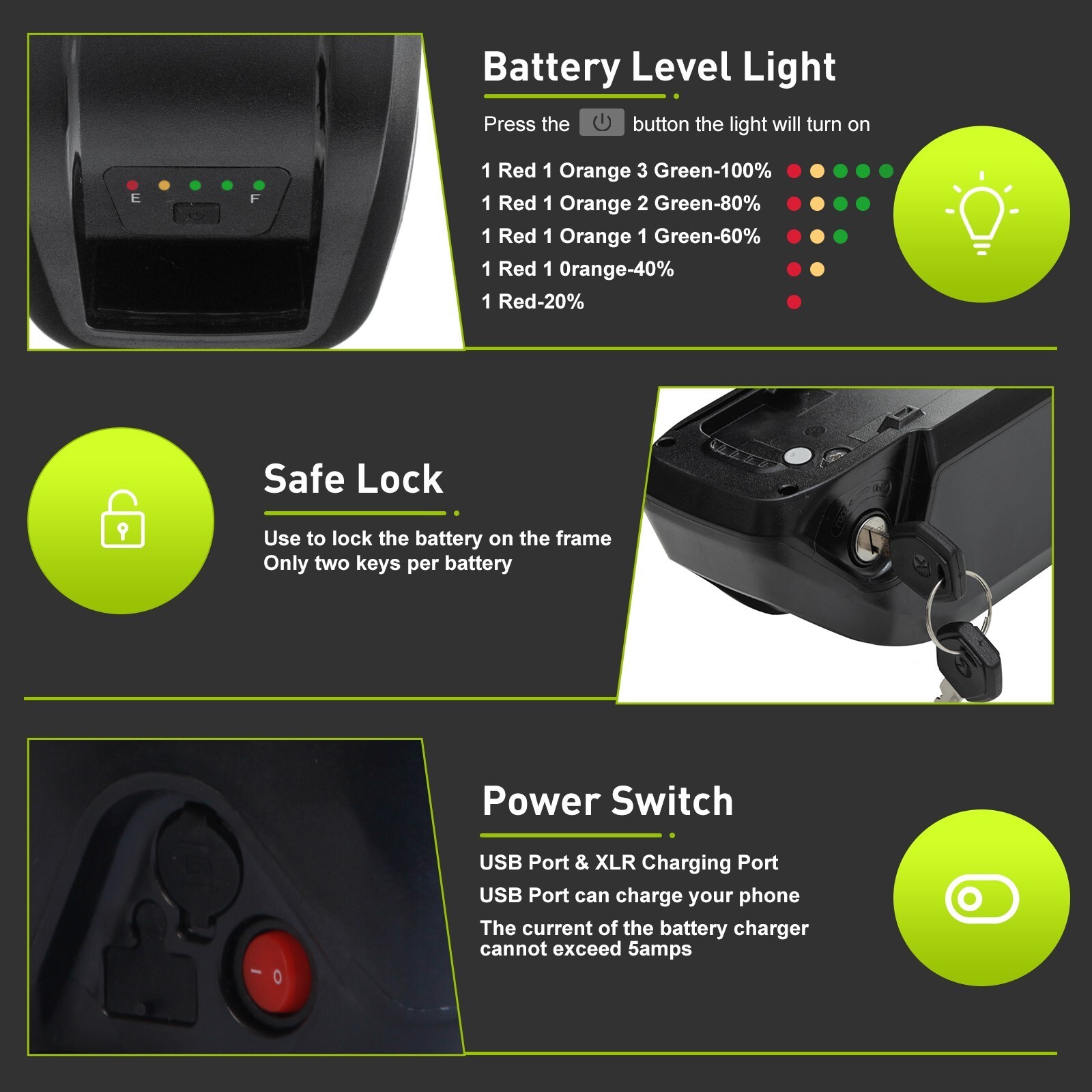 52V 48V 36V 20Ah Ebike Battery 20W-2000W Electric BIKE Black Lithium Battery
