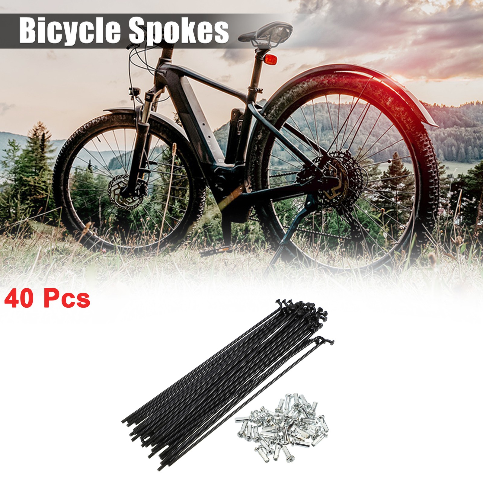 40Pcs 14G J Bend 136mm x 2mm Bike Bicycle Spokes with Nipples Steel Black
