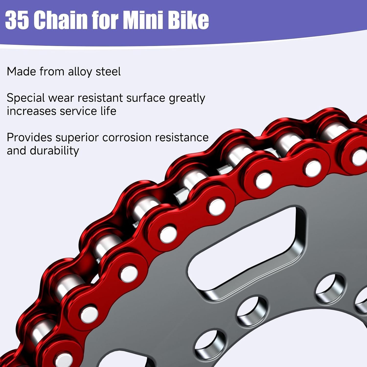 Mini Bike Chain 35 Links Alloy Steel Red Tensioner Compatible with Coleman