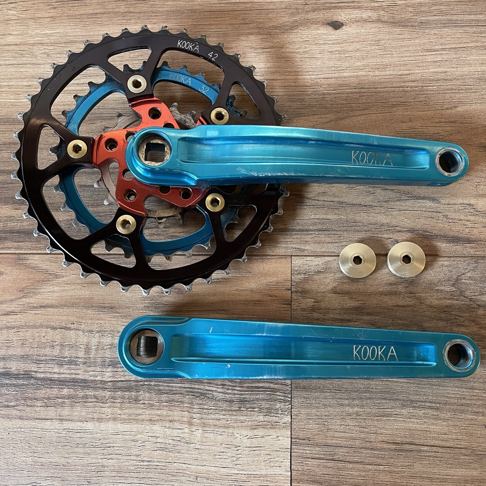 Vintage Kooka CNC Anodized Turquoise Red Crankset 175 94/58 BCD 20 32 42 VRC