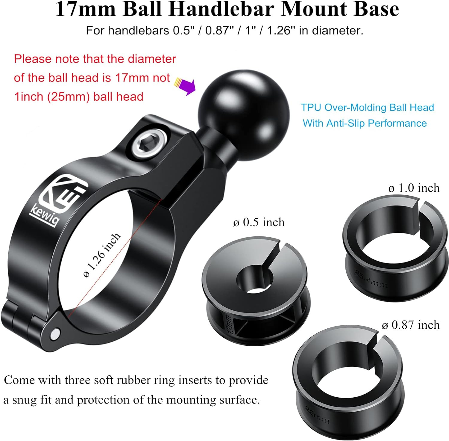 Aluminum Alloy Mount Base with 0.67» TPU Ball | for Handlebar Round