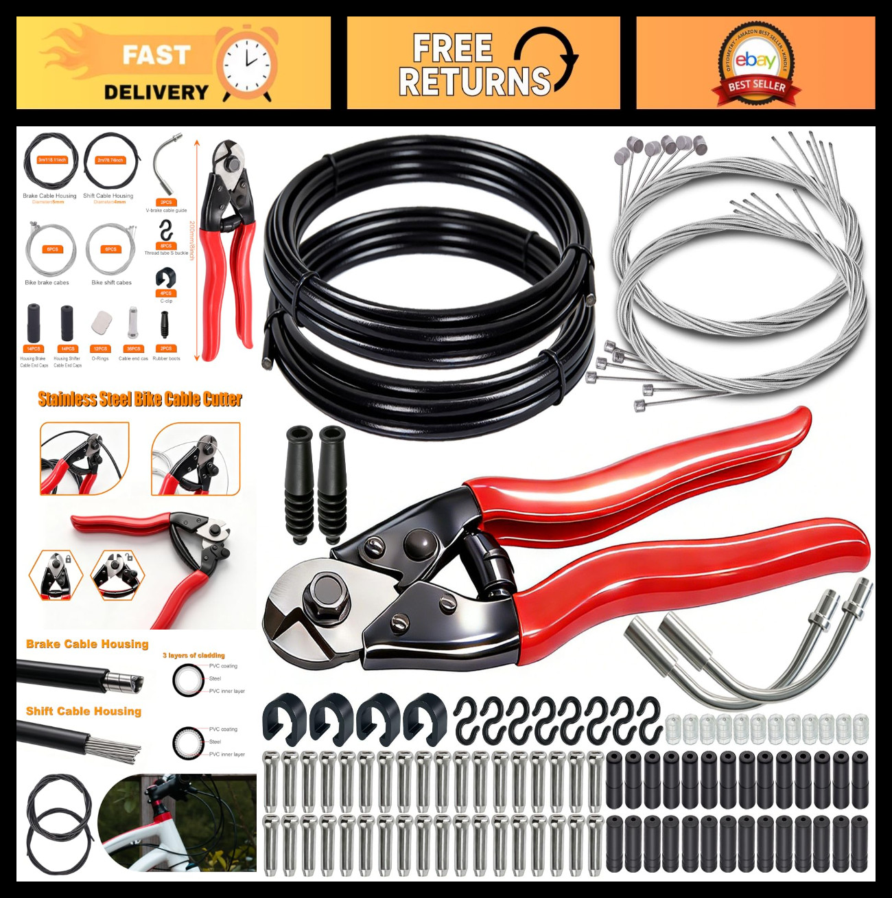 107PCS Stainless Steel Bike Cable Kit – Brake & Shift Cables, Cutters, Caps & O-