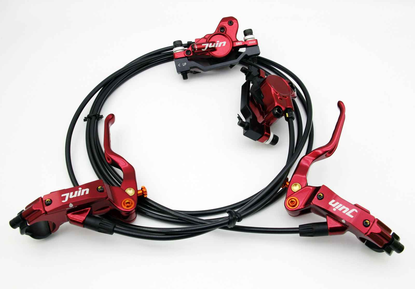 Red Juin Tech DB2 Mountain Bicycle Hydraulic Disc Brakes F/R Set w/ Rotors