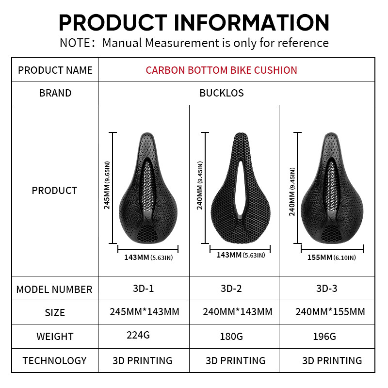 BUCKLOS 3D Printed Bike Saddle Carbon 143/155mm MTB Gravel Road Bike Seat​ 7×9mm