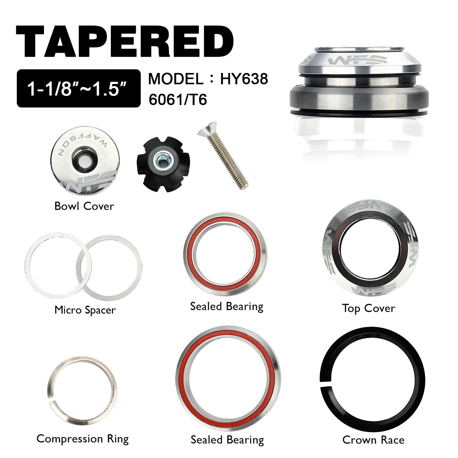 WFS HY638 Full Integrated Headset 1 1/8 – 1.5 inch 7.8mm Tapered Top Cone , SIL