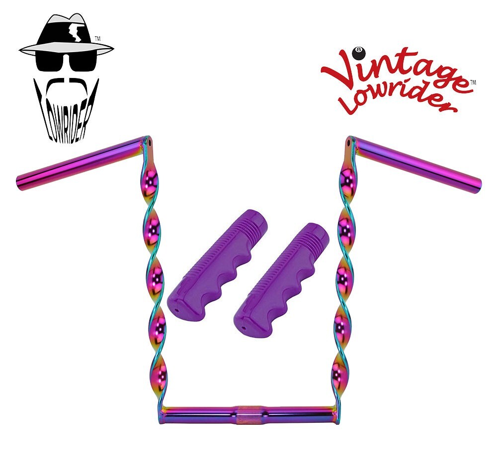Vintage Lowrider 15″ Flat Twisted Neon Handlebar 25.4mm W/120mm Purple Grips.