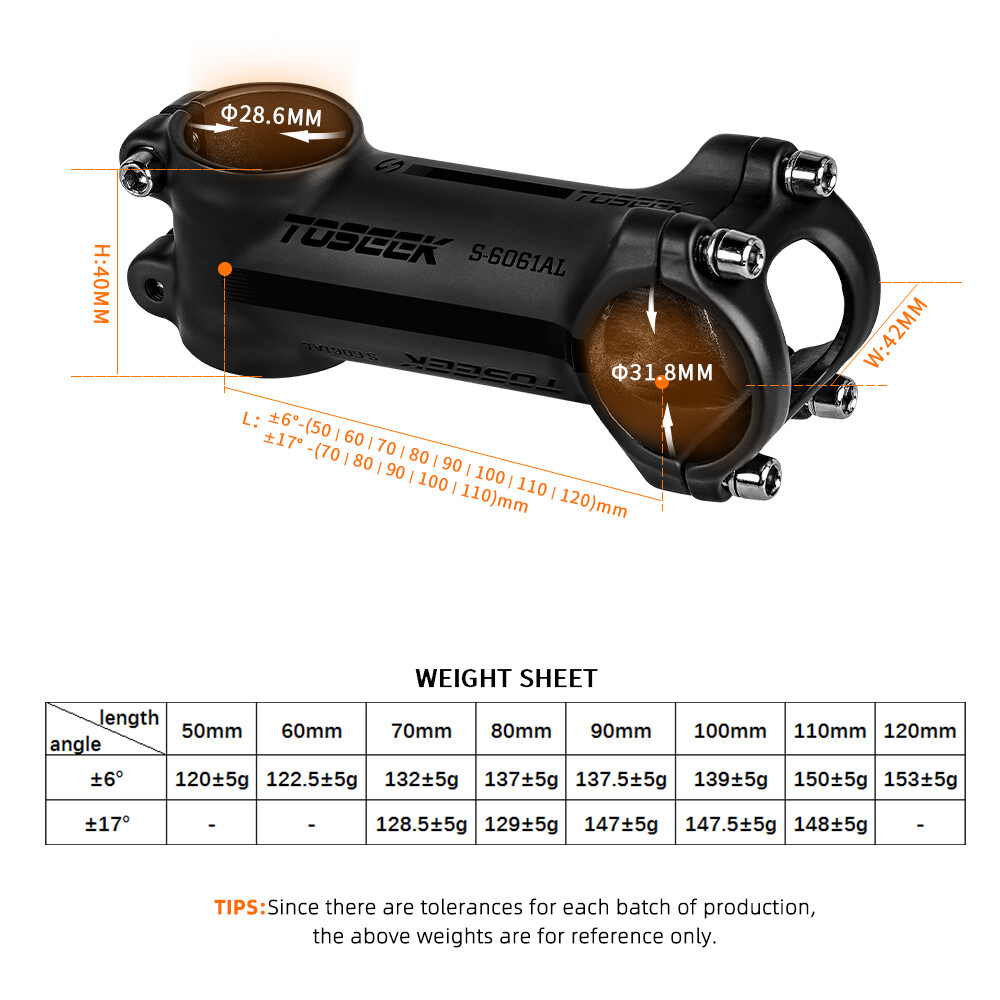 TOSEEK Bicycle Handlebar Stem 6°/17° Aluminum MTB Road Bike Stem 31.8*60-120mm
