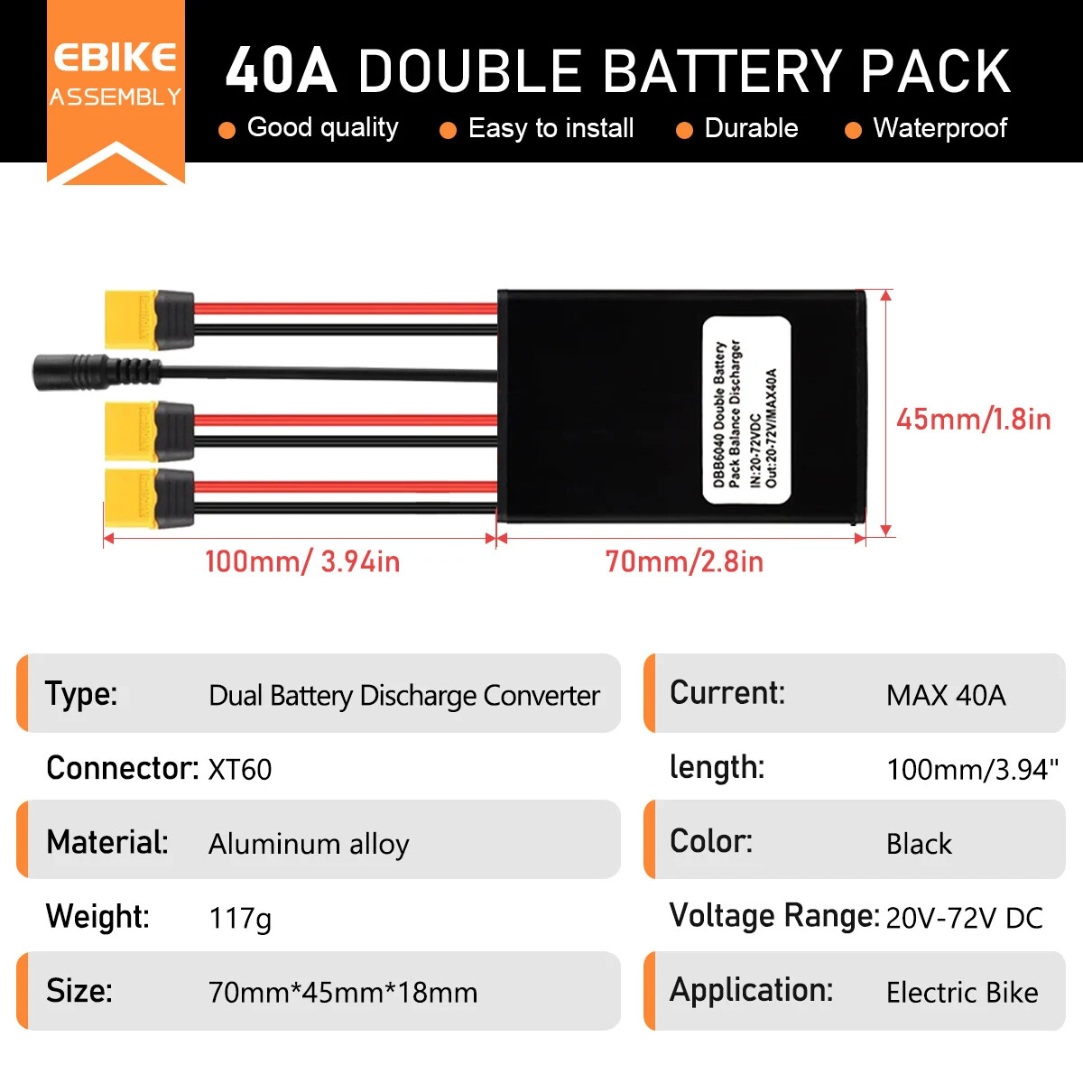 20A 30A 40A Ebike Dual Battery Discharge Converter Connection Adapter 20V-72V