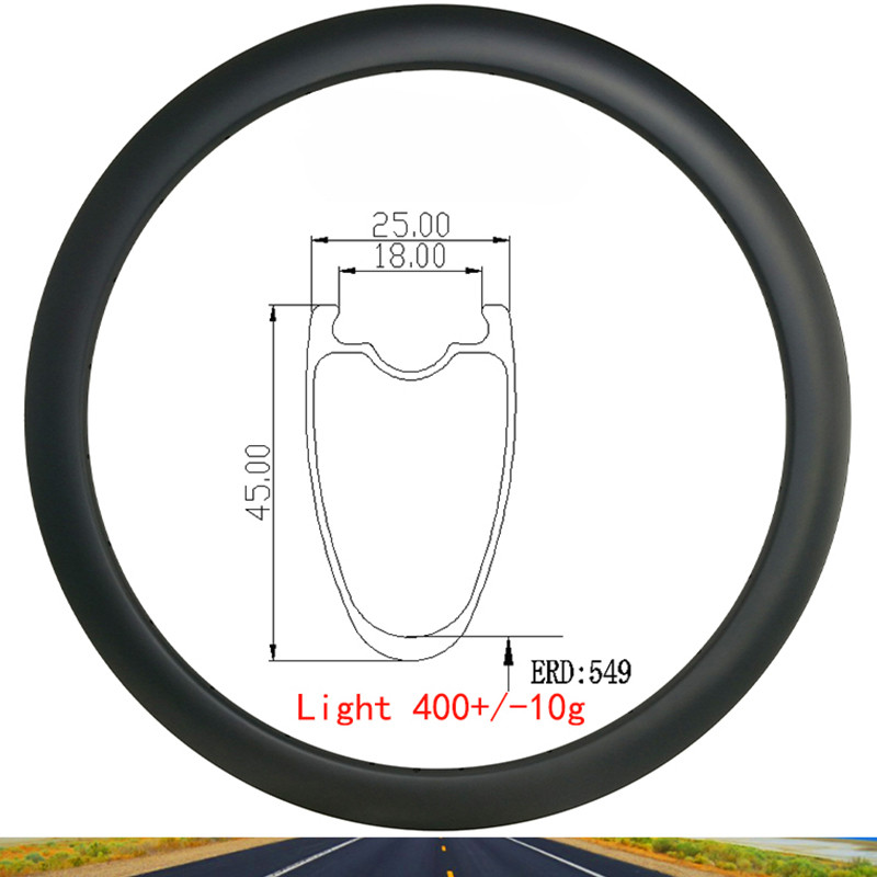 700C 45*25mm Road Bike Hook Carbon Rim Disc Brake Clincher Tubeless Bicycle Rims