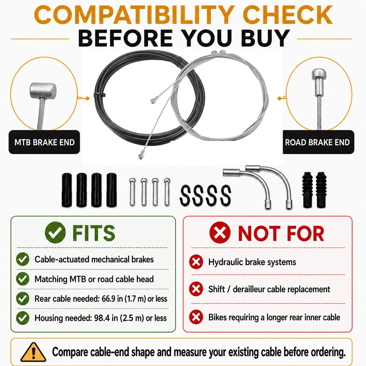 Bike Brake Cable Kit, Dual-Ended Bicy cle Cables with 2.5 0.06″W, black