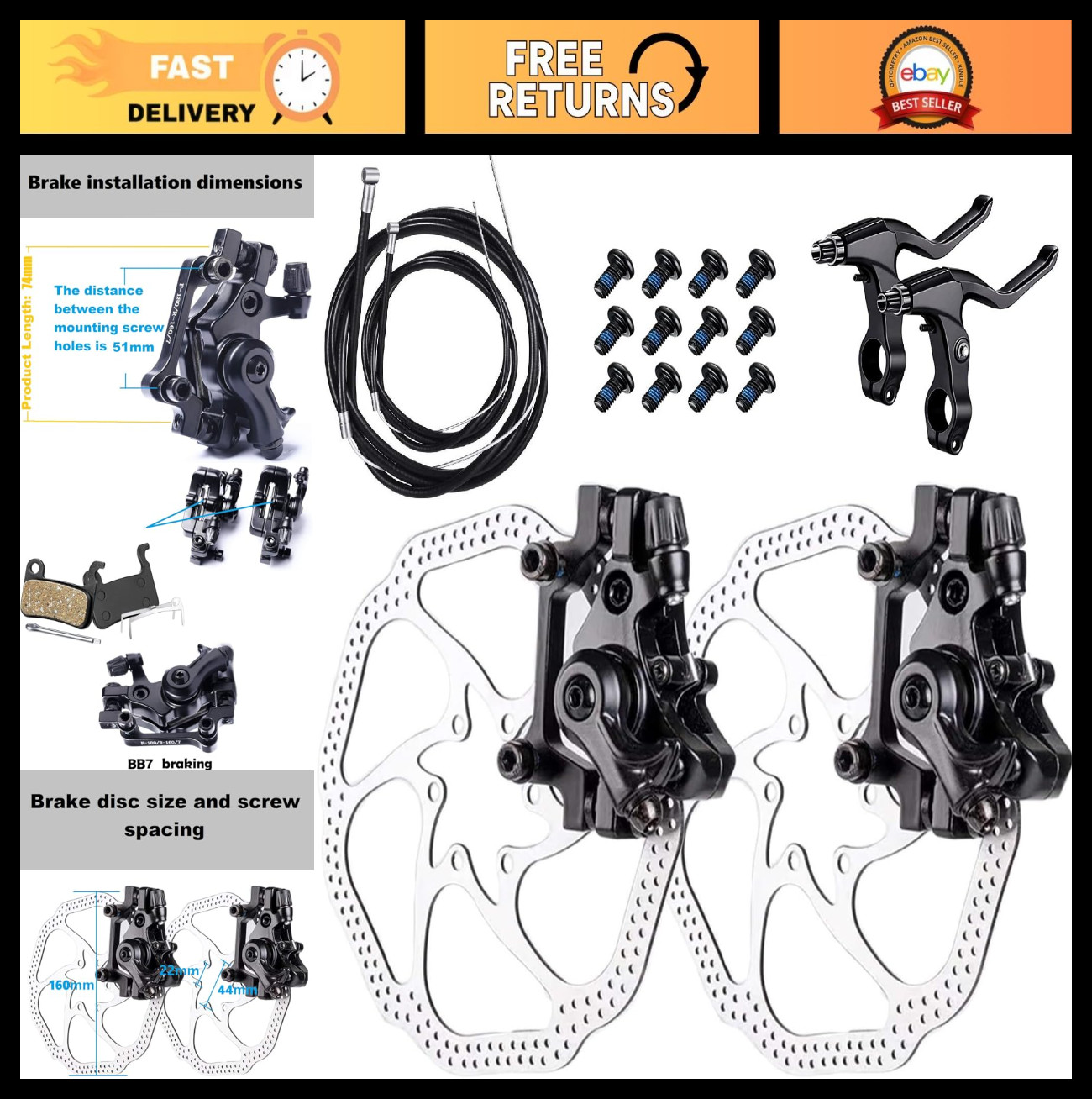Bike Disc Brake Kit – Front & Rear Calipers, 160mm Rotors, Levers & Screws