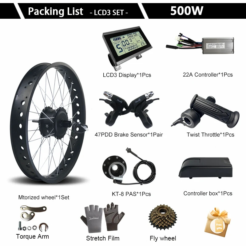 20 24 26inch 500W Snow Fat E-bike Conversion Kit 36 48V Rear Cassette Hub Motor