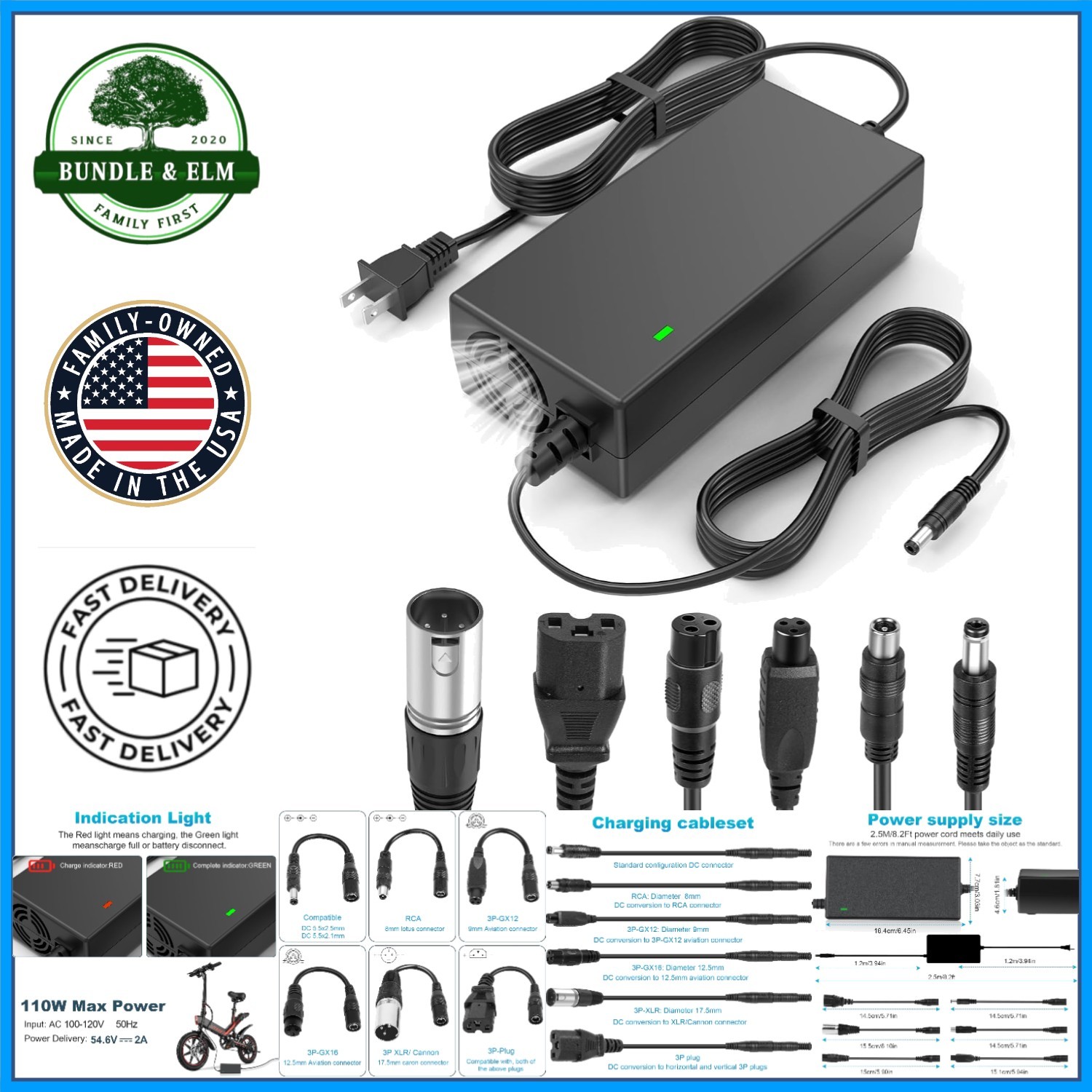 Multi-Device Charger 54.6V 2A with Cooling Fan and LED Indicator Light