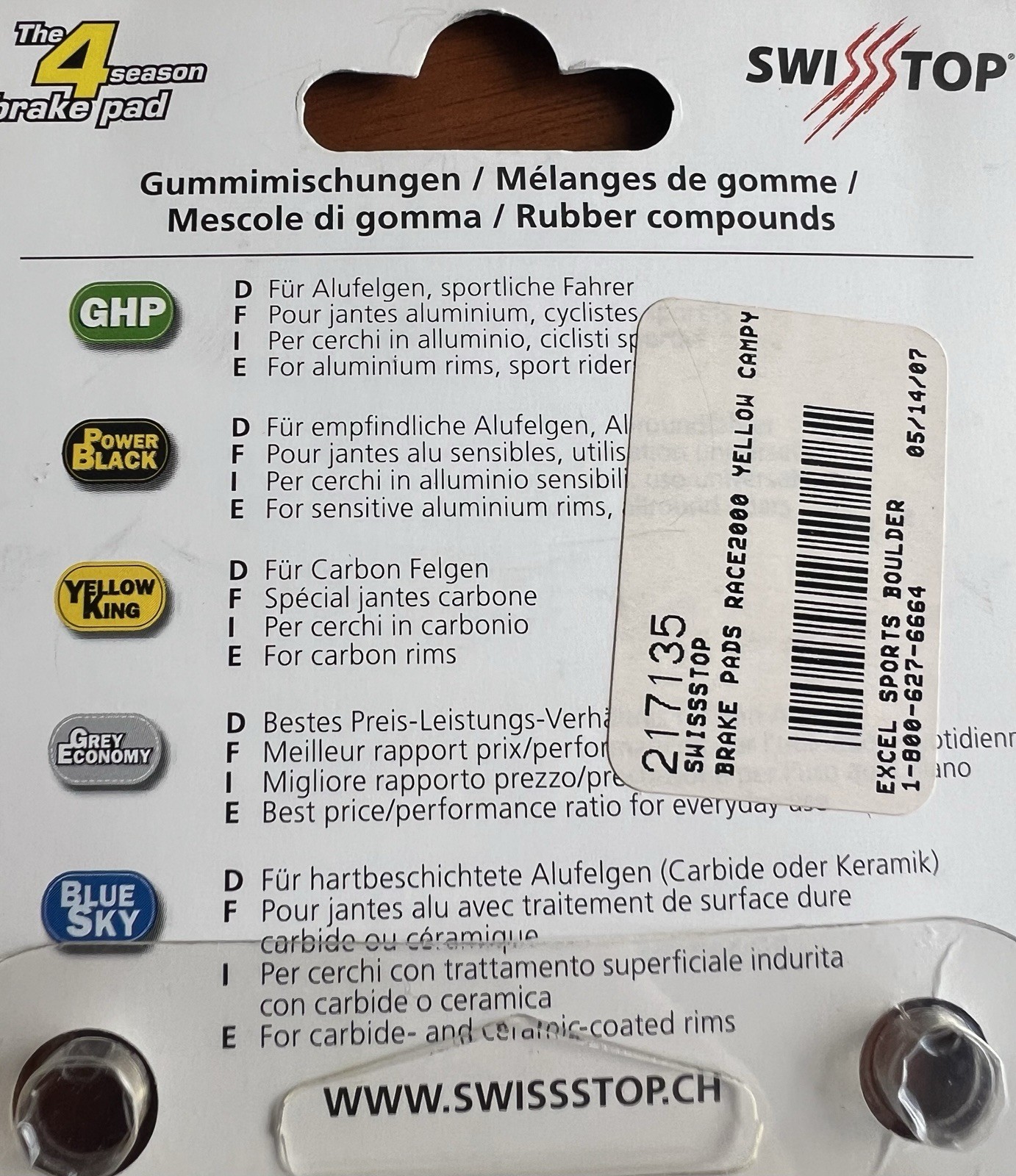 SwissStop Race 2000 (Pro) Yellow Brake Pads – Campagnolo 10 Speed/Zero Gravity