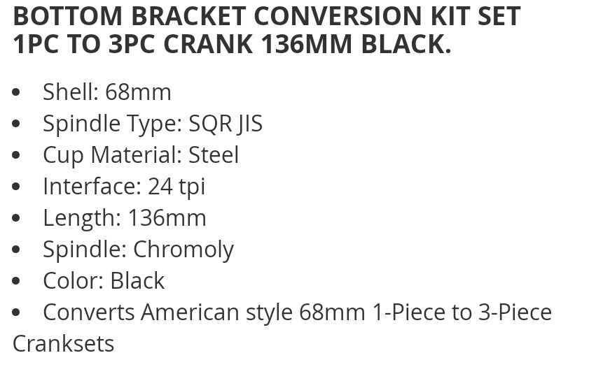 BICYCLE BOTTOM BRACKET CONVERSION KIT SET 1PC TO 3PC CRANK 136MM BLACK