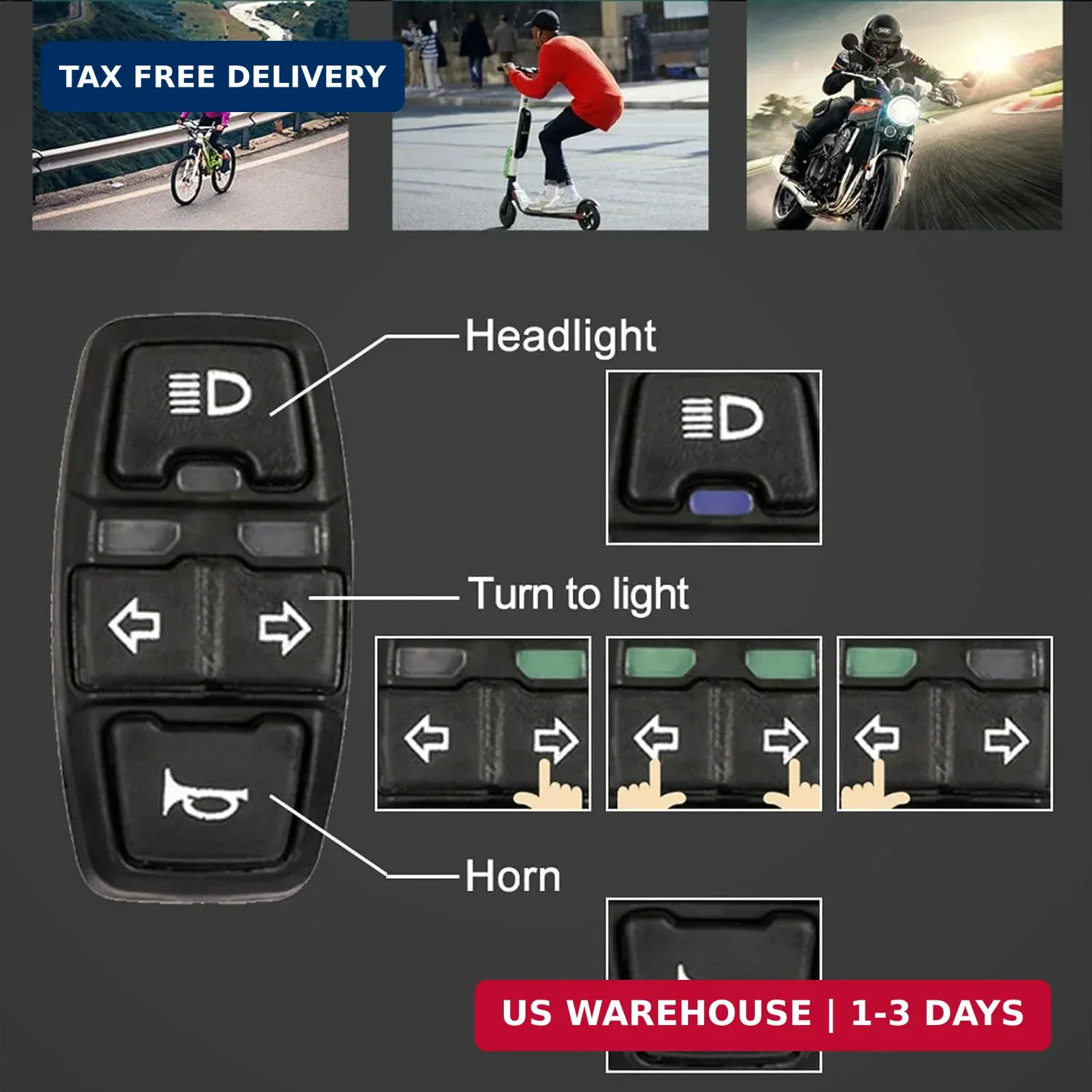 Universal Ebike Light and Horn Switch Turn Signal Switch 3 in 1 Motorcycle HeadL