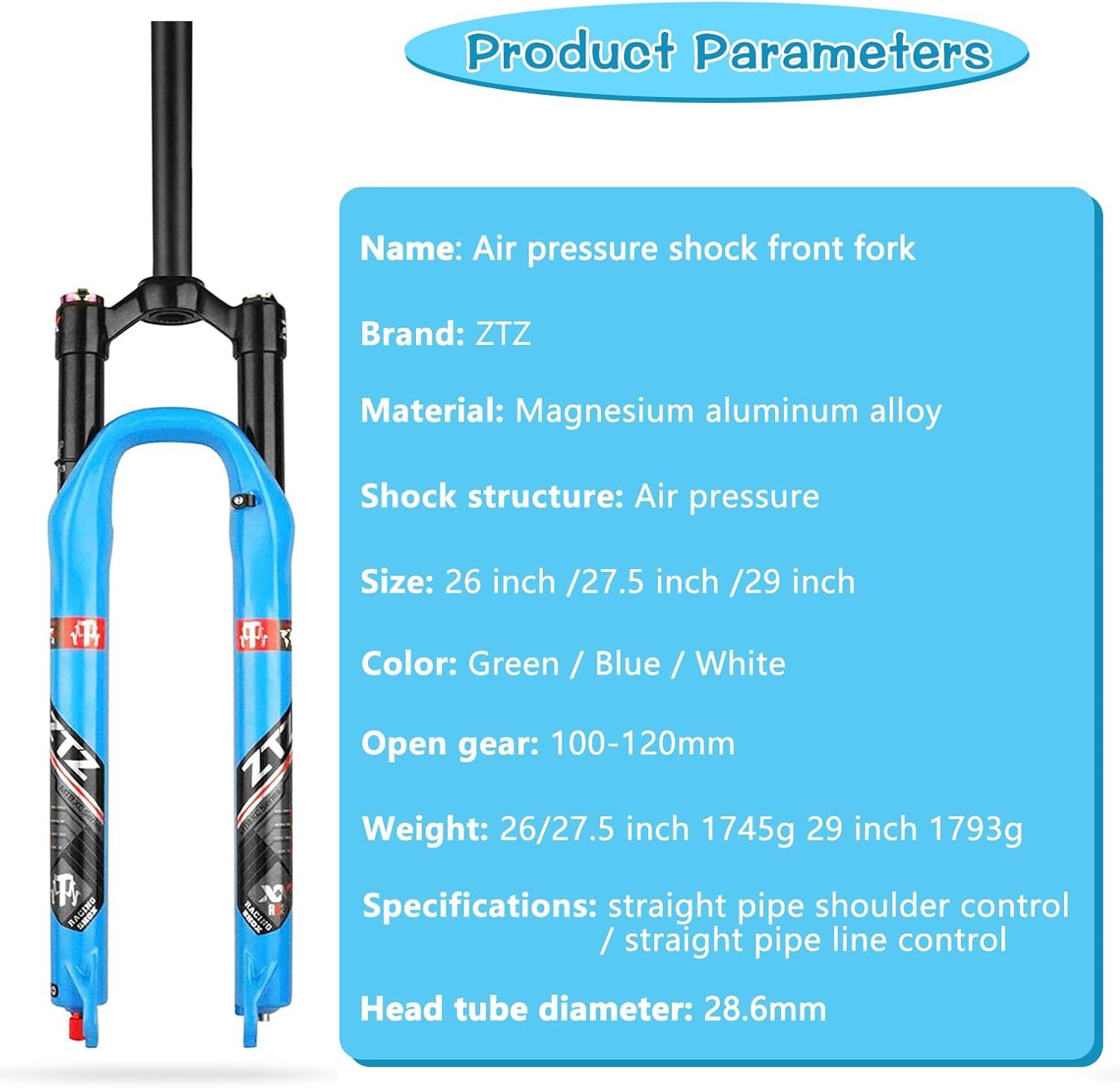 ZTZ MTB Air Suspension Fork Fit for 26/27.5/29 inch Mountain Bike, QR 9mm, XC/AM