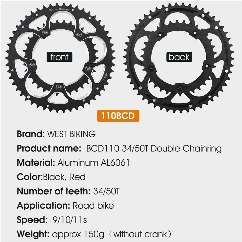 WEST BIKING Road Bike Chainring 110BCD 34T/50T Tooth Plate 8/9/10/11 Speed Black