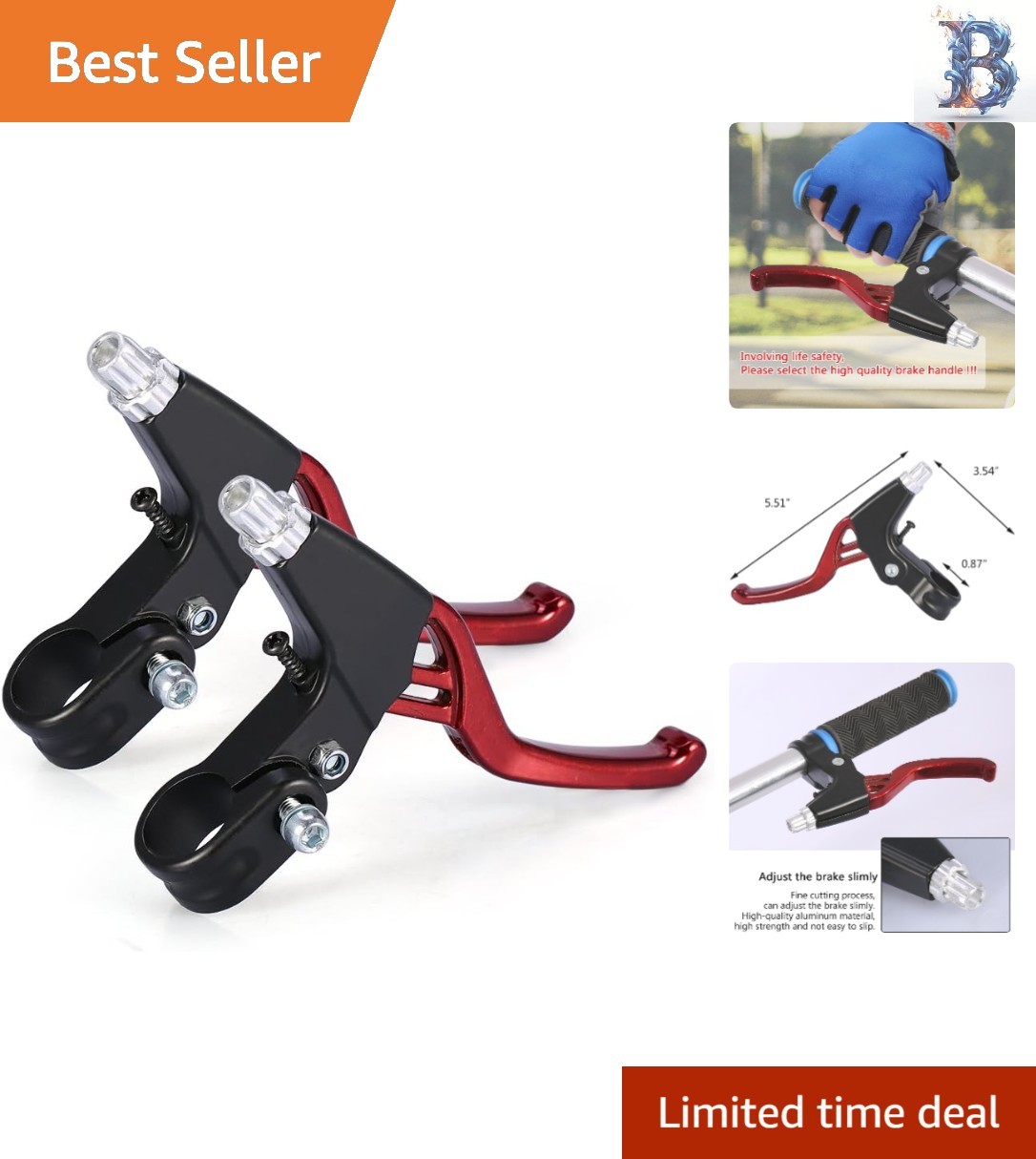 Ambidextrous Bicycle Brake Handle Set – Automatic Restoration – 6.3 inch – Red