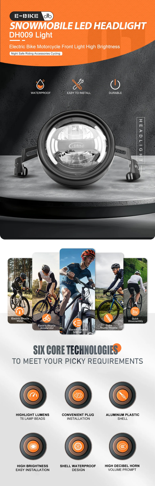 E-Bike Headlight DH009 2pin SM/Waterproof Plug 12-48V Front Light Spotlight Part