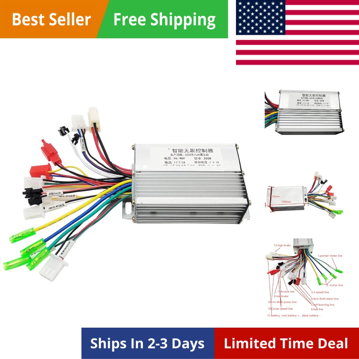 36V-48V 350W Brushless DC Motor Controller for Electric Bicycle E-Bike Scooter
