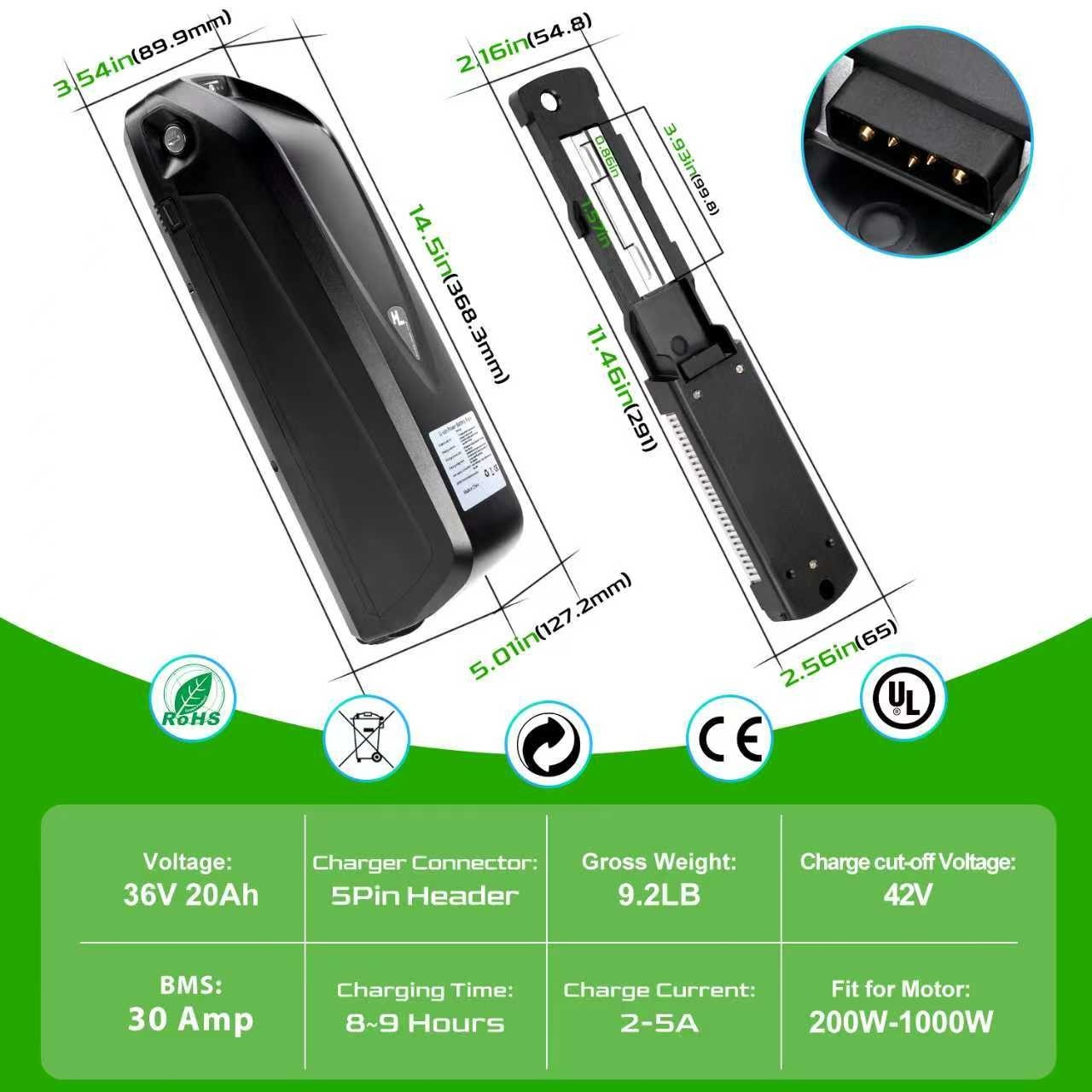 52V 48V 36V 10Ah/12.5Ah/15Ah/20Ah Ebike Lithium Battery For 200W-1800W Motor