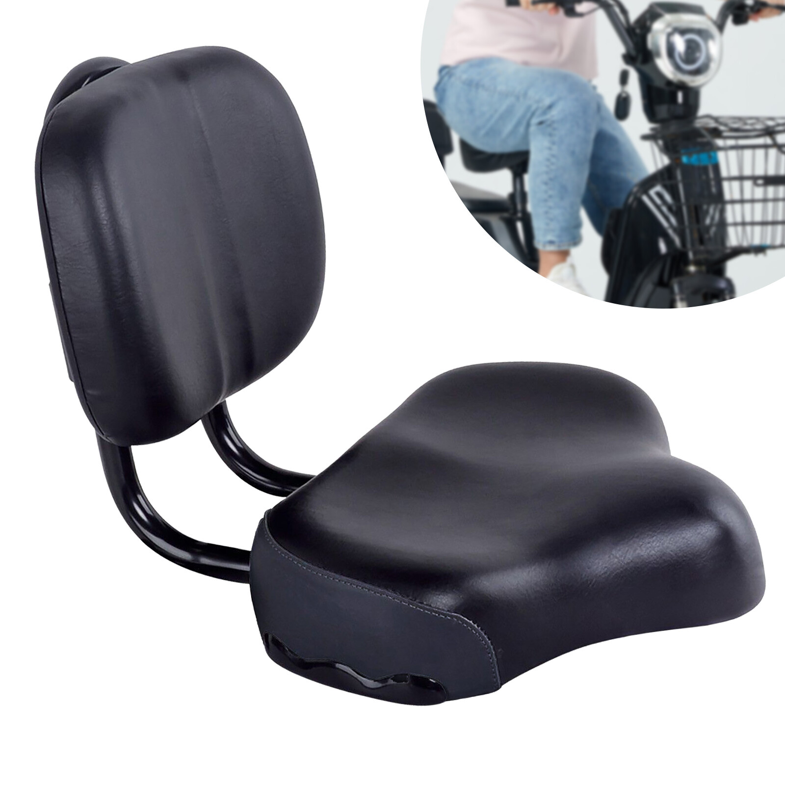 Bike Saddle Seat w/ Backrest Bicycle Extra Wide Comfort Leather Cushion Soft Pad