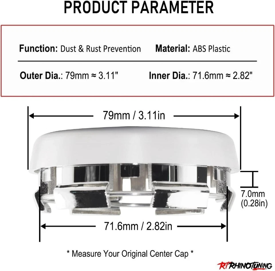 RT 4pcs 79mm Wheel Center Caps for OD: 79mm / 3.11″, ID: 71.6mm / 2.82″ Chrome