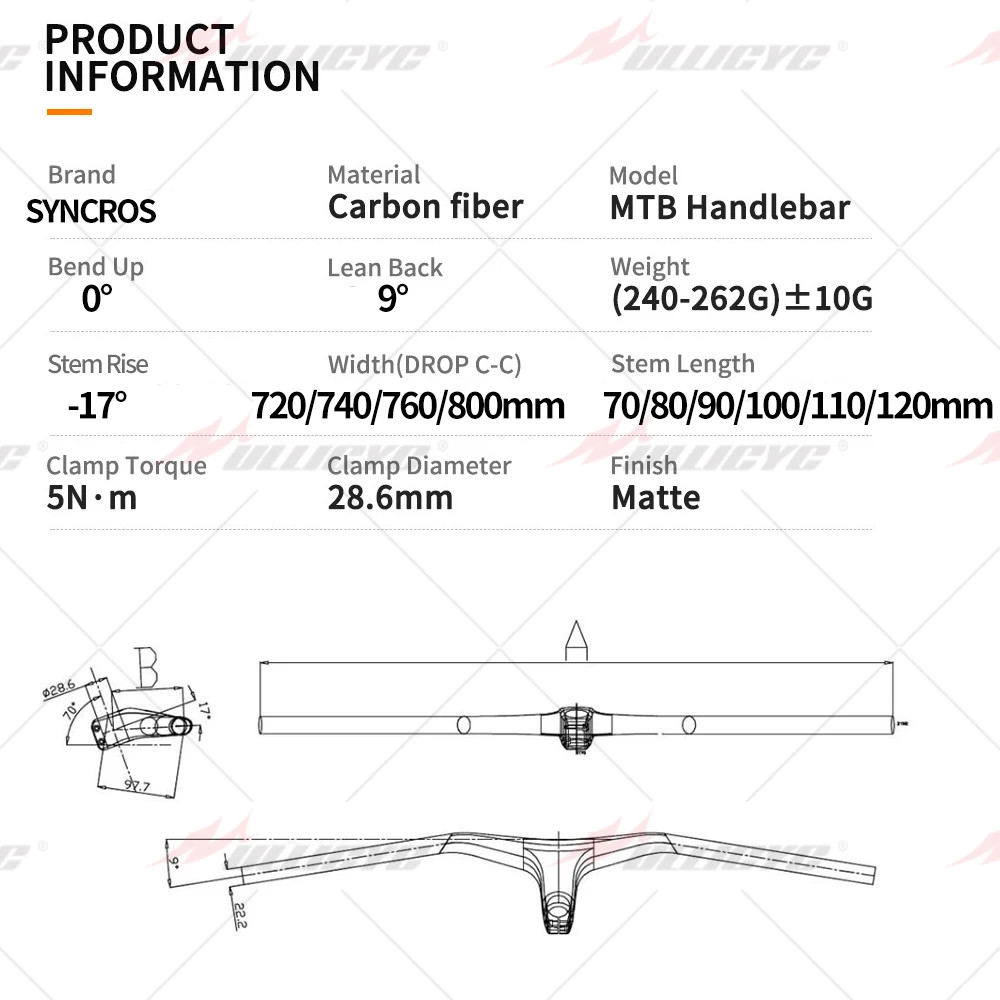 -17° Mountain Bike Handlebar Integrated Carbon Handlebar Width 800mm Stem 28.6mm
