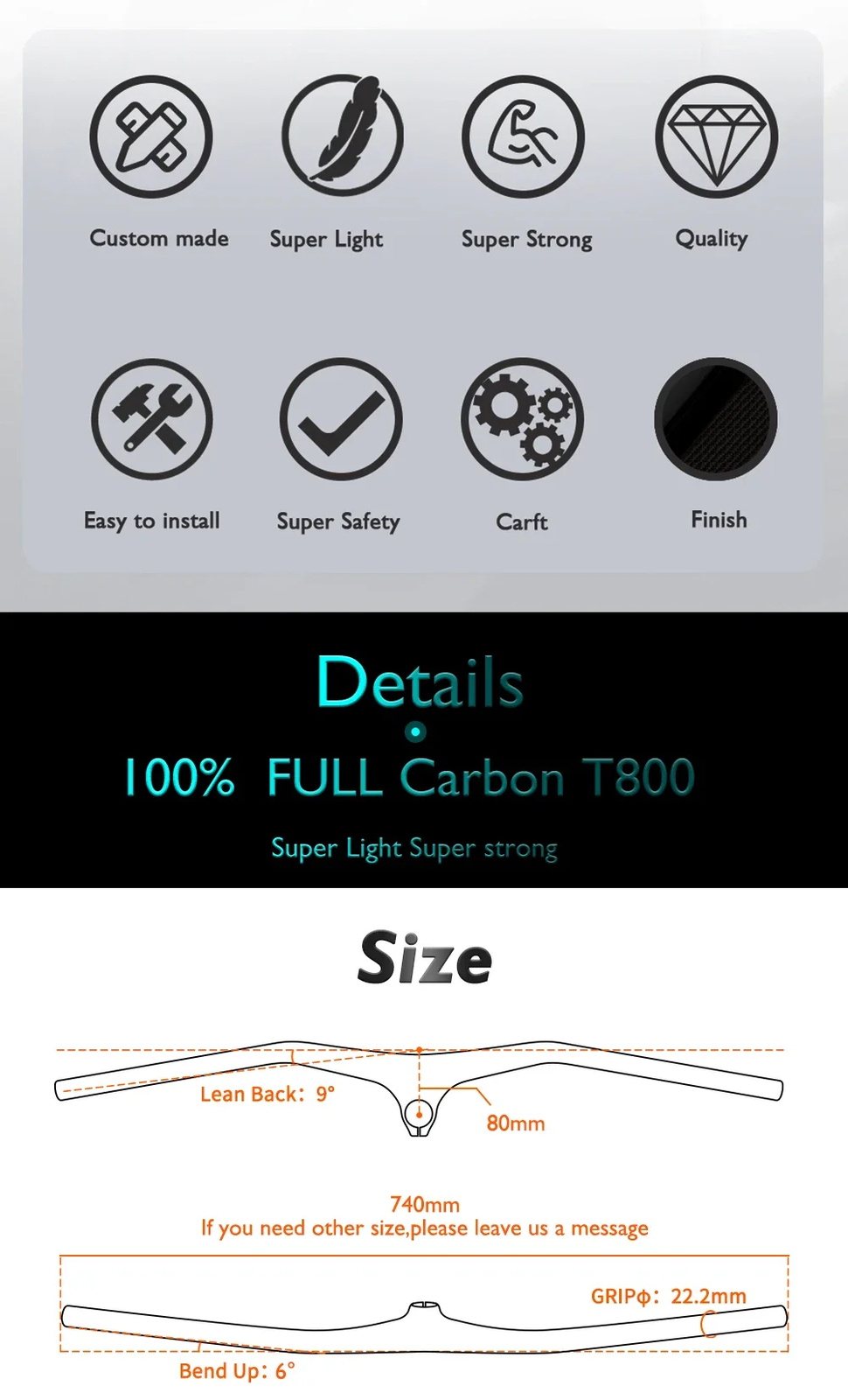 Carbon Fiber MTB Bicycle Integrated Handlebar with Stem -8/-17/-25 Degree 740mm