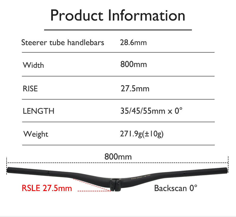 MTB Bike Carbon Integrated Handlebars 28.6mm Rise 27.5mm 35/45/55mm X 800mm