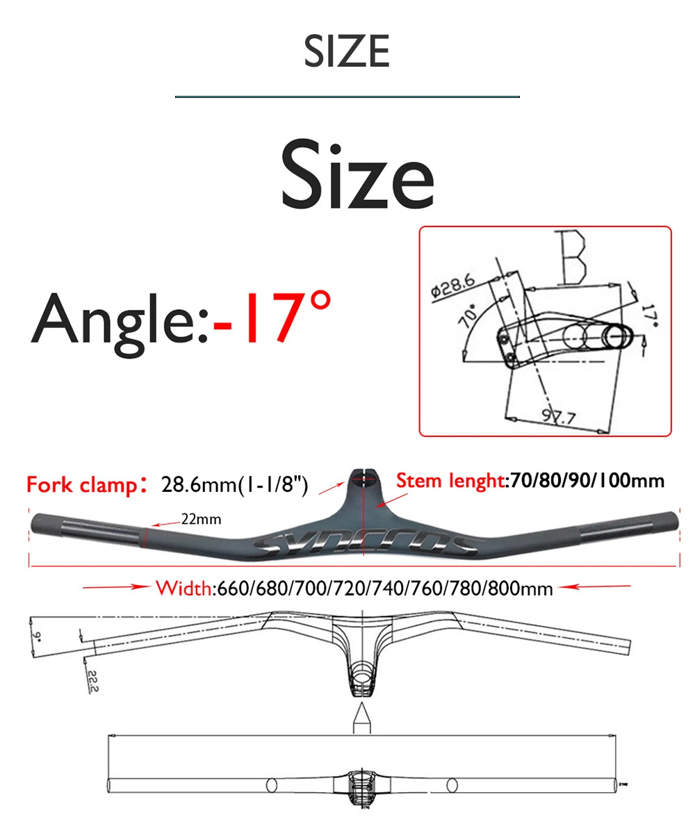 -17° Integrated Cockpit MTB Carbon Handlebars 28.6mm 660-800mm Width Riser Bar