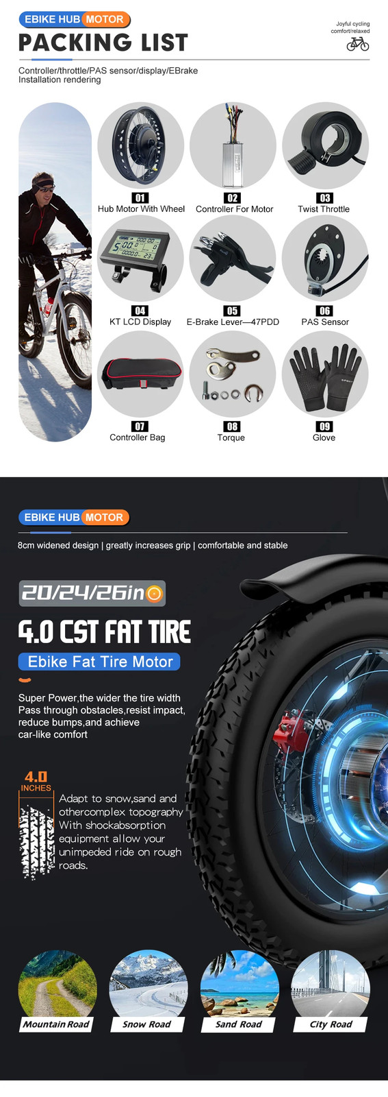 Snow E-bike Conversion Kit 48V 1000W Rear Rotate Hub Motor Wheel 20er 24er 26er