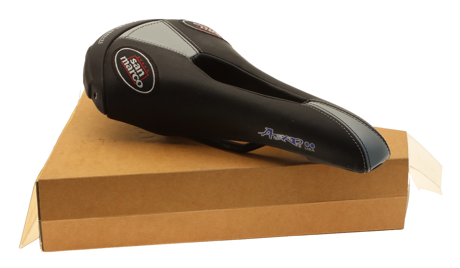 Selle San Marco Aero Saddle Chromoly Rails Black/Gray Leather 1999 NIB NOS NEW