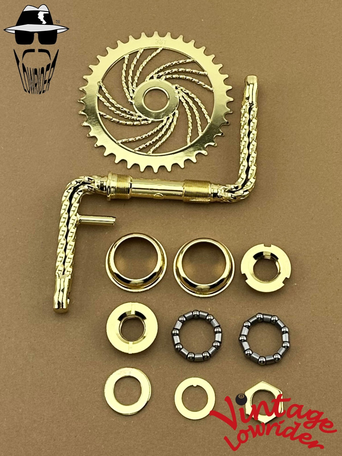 VINTAGE LOWRIDER QUADRUPLE TWISTED ONE PIECE GOLD CRANK W/TWISTED SPROCKET & B.B