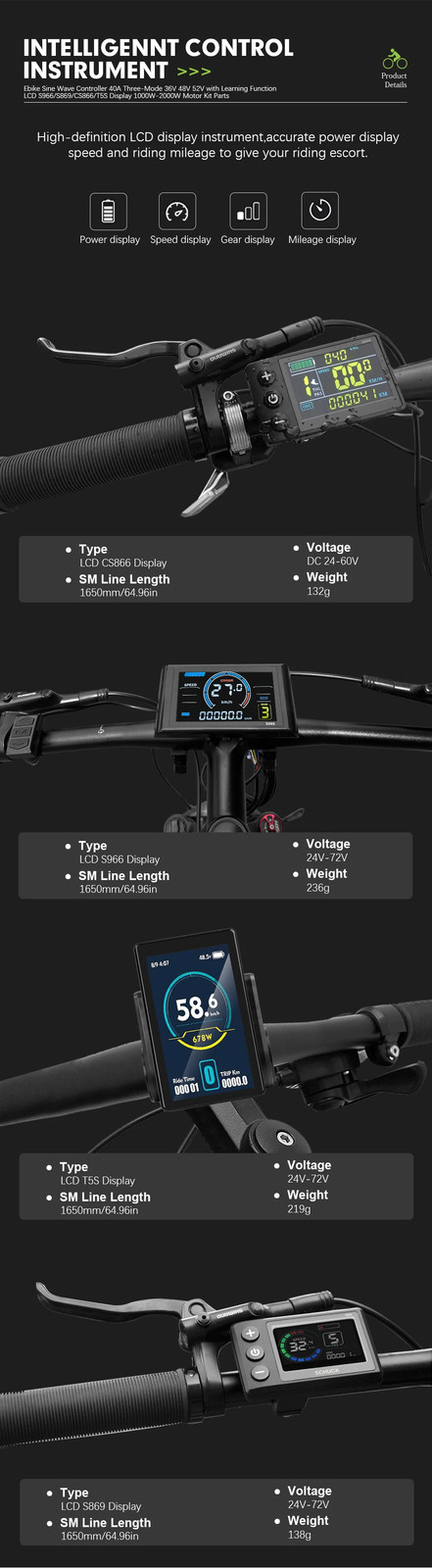 Electric Bike 40A 36V/48V/52V Three Mode SineWave Controller with LCD Display