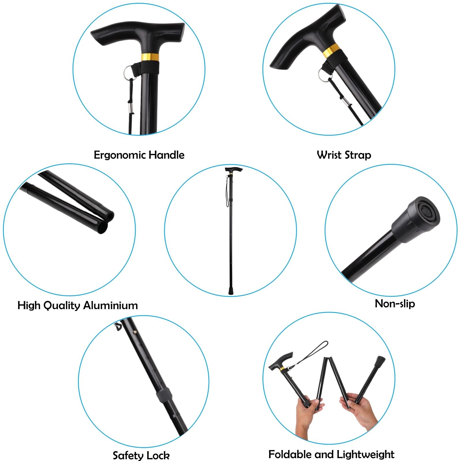 Comfkey Folding Lightweight Walking Stick – Adjustable Aluminum Metal Blue