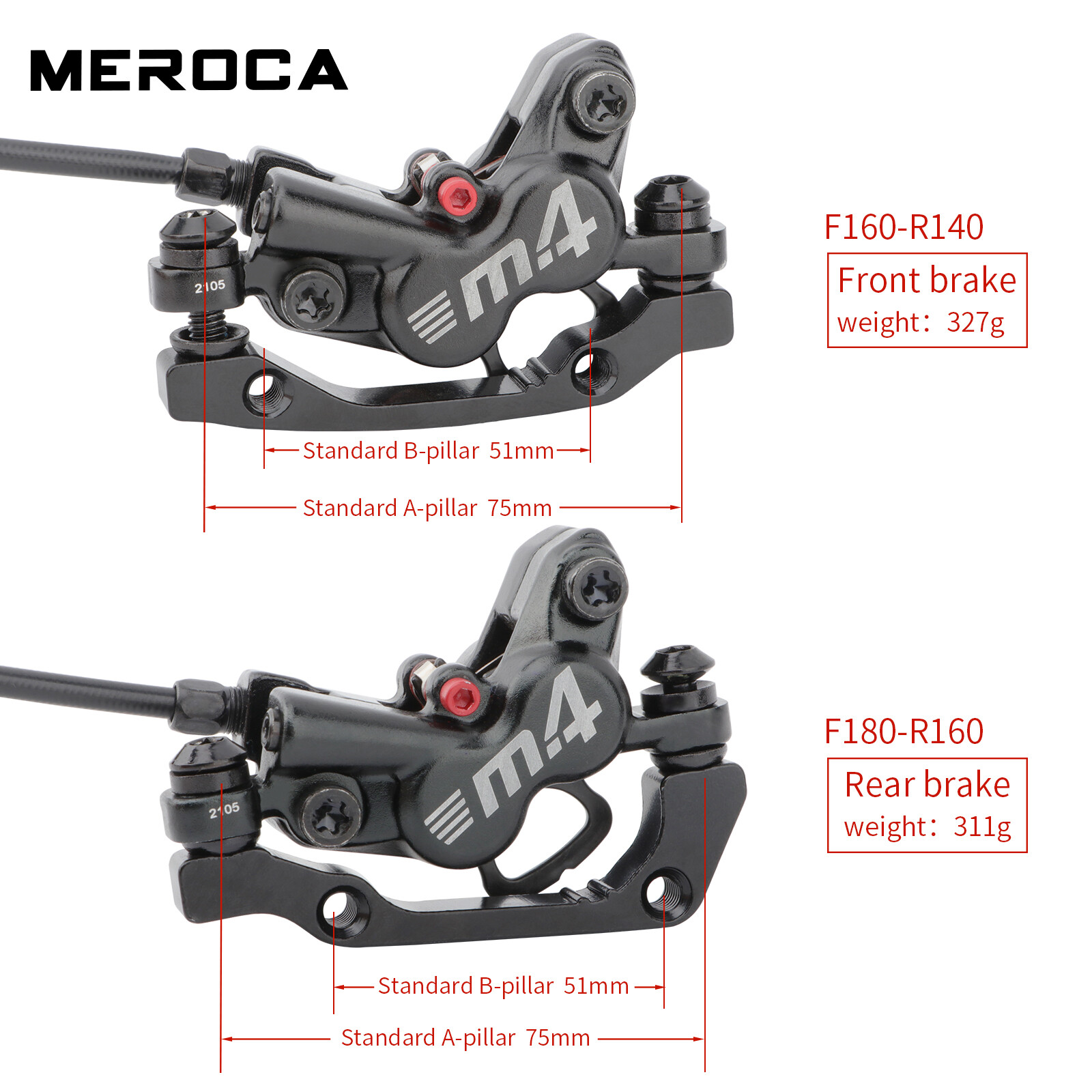 MEROCA 4-Piston Caliper Hydraulic Disc Brake Lever Set Front Rear 800/1400mm