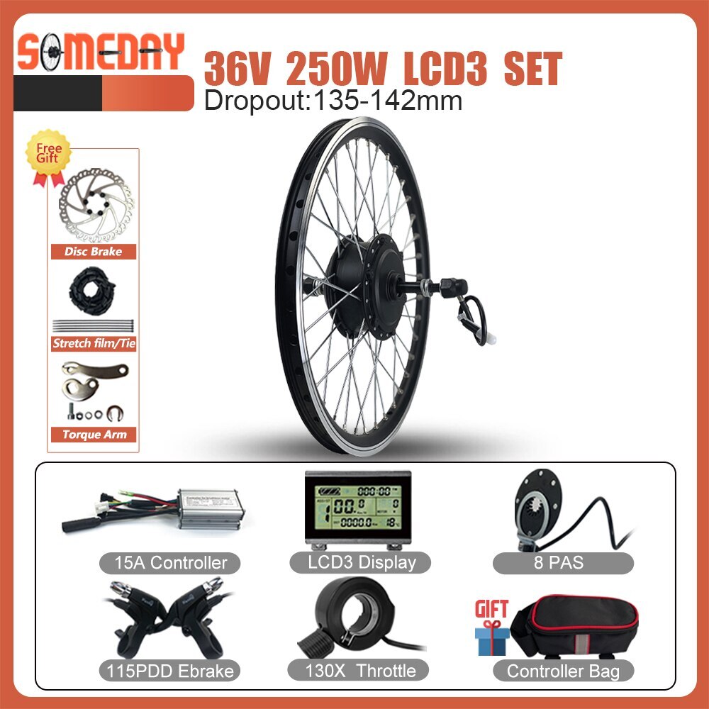 36V 48V 250W E-Bike Conversion Kit Rear Rotate Wheel Hub Motor 16-29inch/700C
