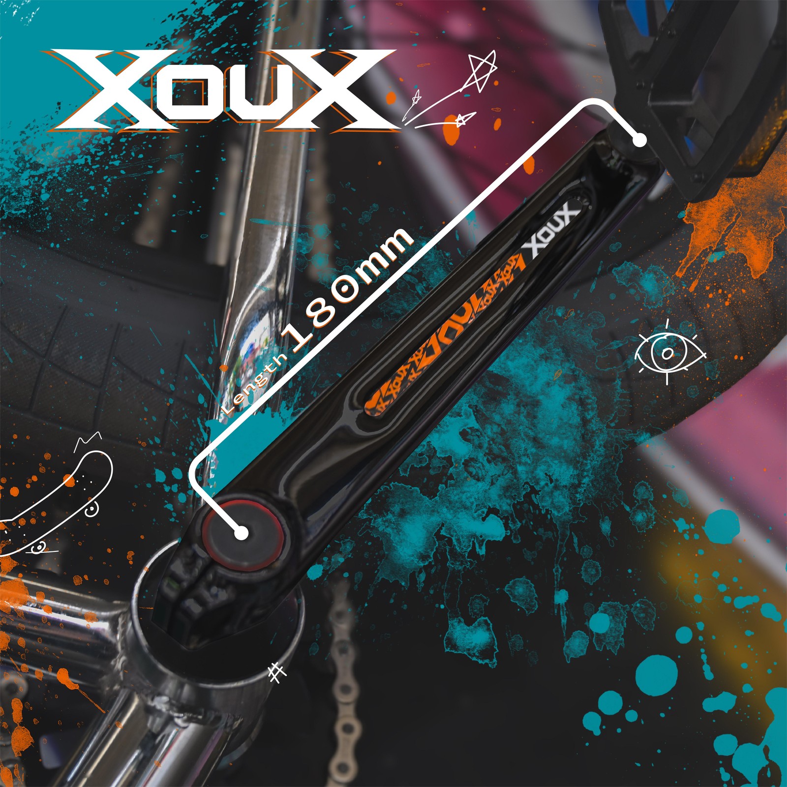 XOUX TITAN BMX Crankset 3pc 180mm Gloss Black Cr-Mo Cranks 19mm Spindle + BB