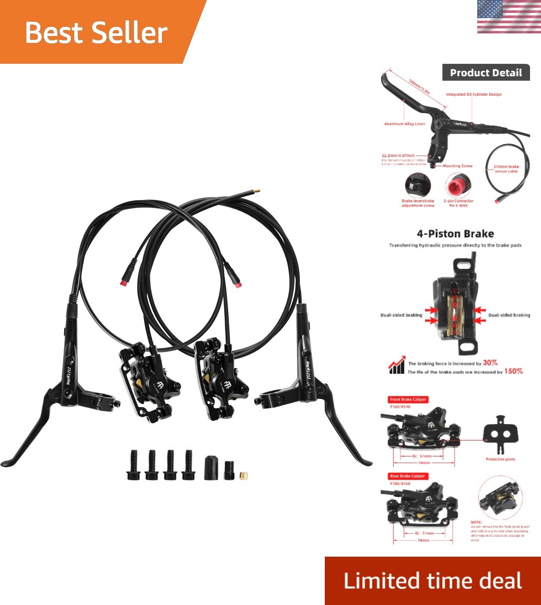 2-Piston Hydraulic Disc Brake Set for E-Bikes & Mountain Bikes, 950/1880mm