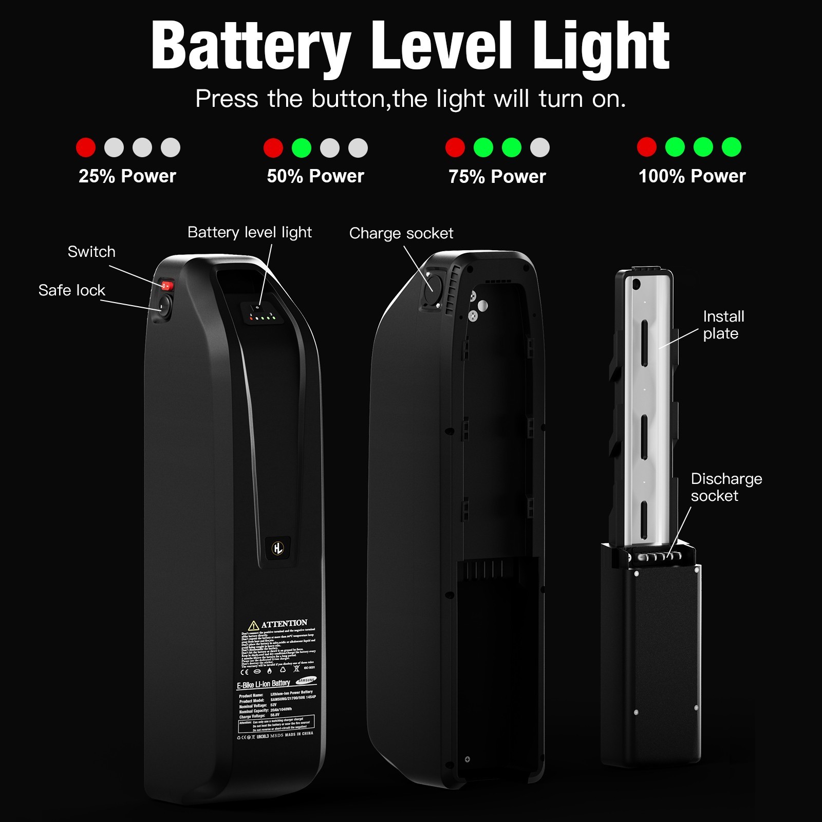 eBike Battery 52V 25Ah Electric Bicycle Lithium Hailong Battery 50A 100-2400W